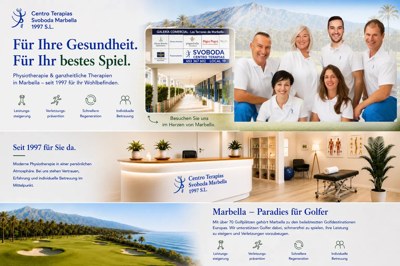 Centro Terapias Svoboda Marbella mit Therapeutenteam, Praxisräumen und Golfphysiotherapie