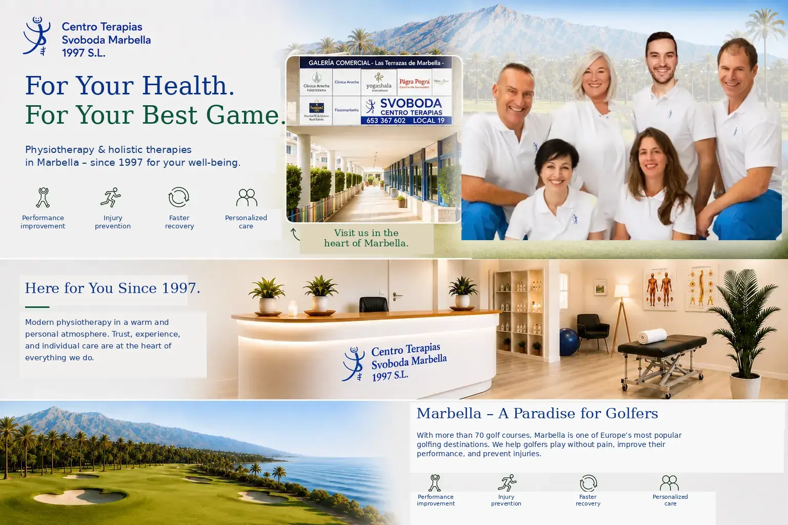 Centro Terapias Svoboda Marbella with therapy team, clinic and golf physiotherapy