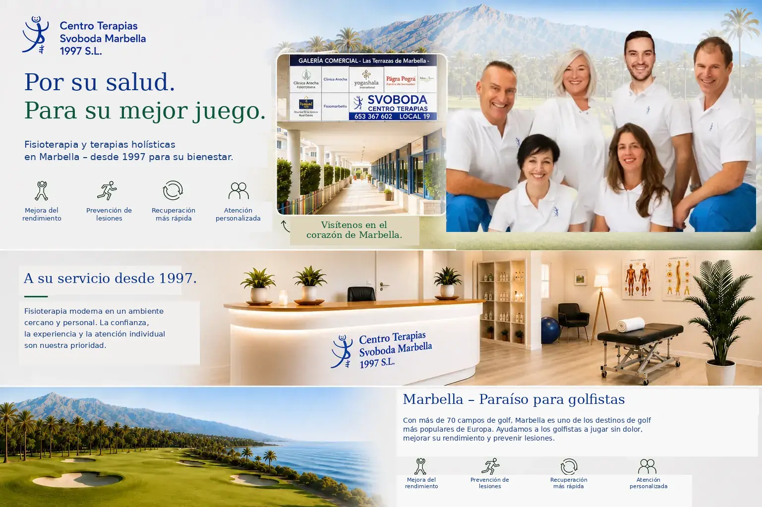 Centro Terapias Svoboda Marbella con equipo terapéutico, clínica y fisioterapia para golf